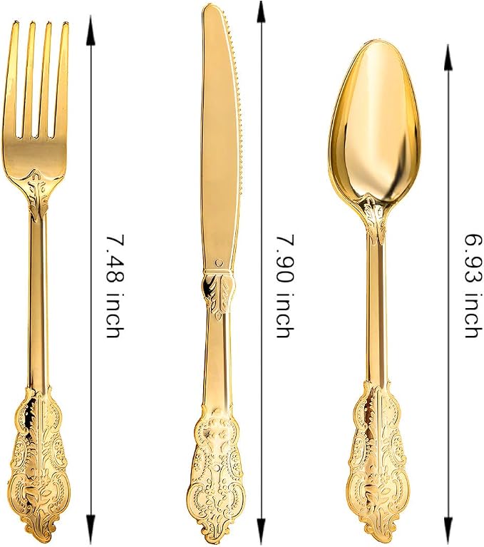 N9R 300pcs Gold Plastic Silverware Dinnerware Flatware- Heavyweight Plastic Cutlery Set, 100 Forks, 100 Spoons, 100 Knives, Gold Utensils for Party, Thanksgiving, Christmas