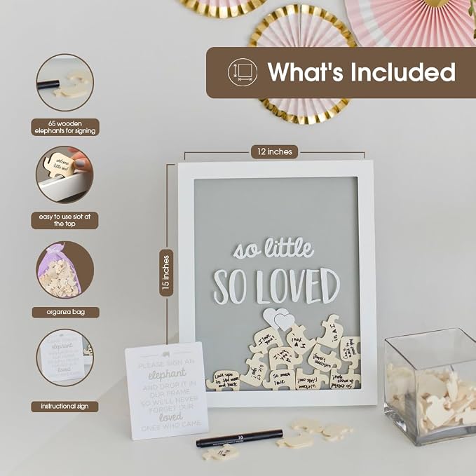 Pearhead So Little So Loved Wooden Elephant Token Frame, Baby Shower Signature Guest Book Alternative with 65 Wooden Tokens, Gender-Neutral Nursery Keepsake Decor, Gray and White