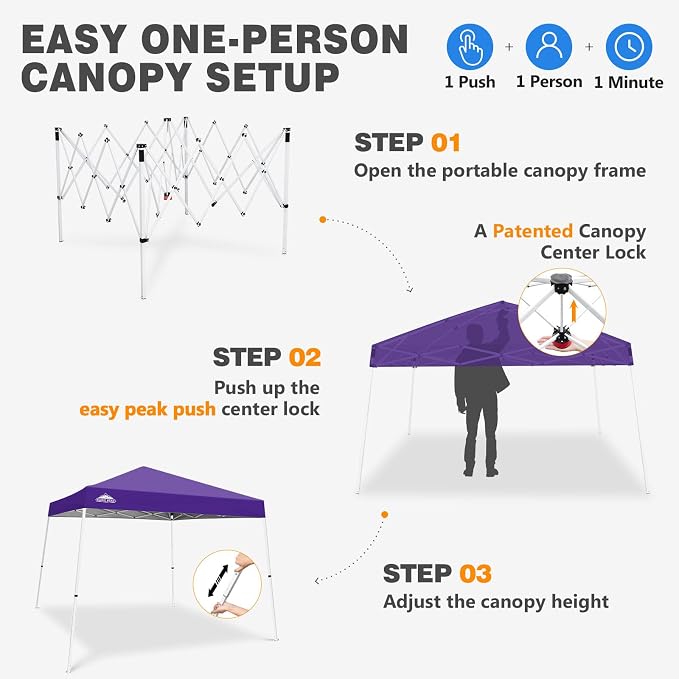 EAGLE PEAK 10x10 Slant Leg Pop-up Canopy Tent Easy One Person Setup Instant Outdoor Beach Canopy Folding Portable Sports Shelter 10x10 Base 8x8 Top (Purple)