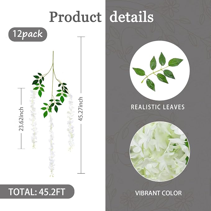 12 Pack White Wisteria Hanging Flowers Garland, 3.77 Feet Artificial Flower Vines, Fake Wisteria, Artificial Vines Hanging Garland for Backdrop Outdoor Yard Garden Decor