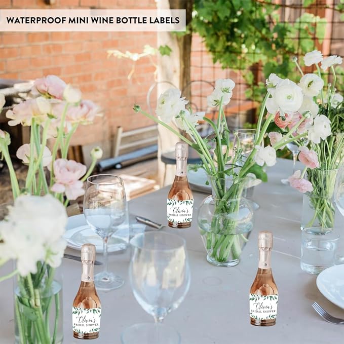 Andaz Press Personalized Bridal Shower Mini Wine Labels for Bottles, Greenery Green Leaves 20-Pack Custom Mini Champagne Bottles Bulk Waterproof Bridal Shower Wine Bottle Labels