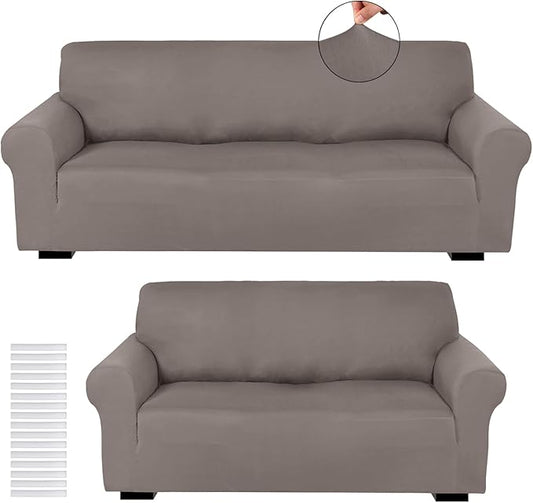 Peryiter 2 Pcs Sofa Covers Couch and Loveseat Covers Set Stretch Sofa Slipcover for Living Room Armchair Furniture Protector, Wrinkle Proof(Taupe,Milk Silk)