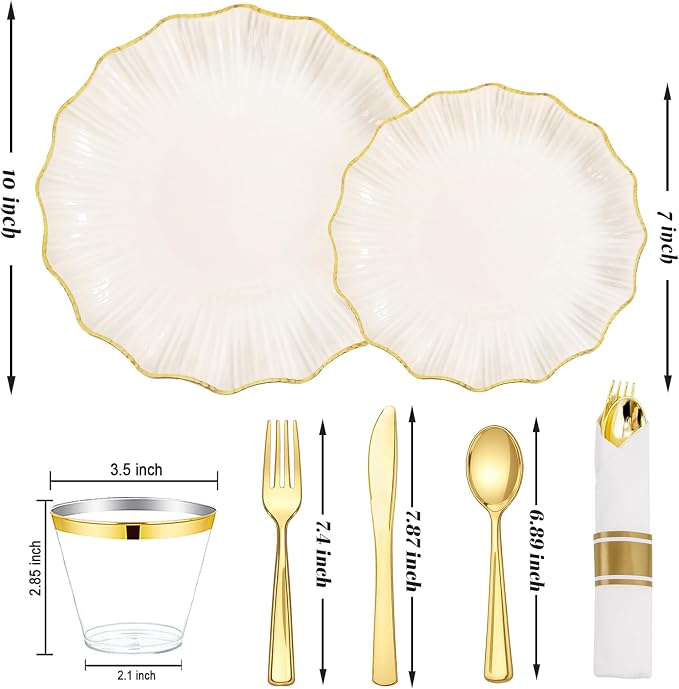 U-QE 175PCS Ivory Gold Plastic Plates - Disposable Dinnerware Set for 50 Guests - Ivory and Gold Plates and Napkins Party Supplies include 50 Plates, 25 Per Rolled Napkins with Gold Cutlery, 25 Cups