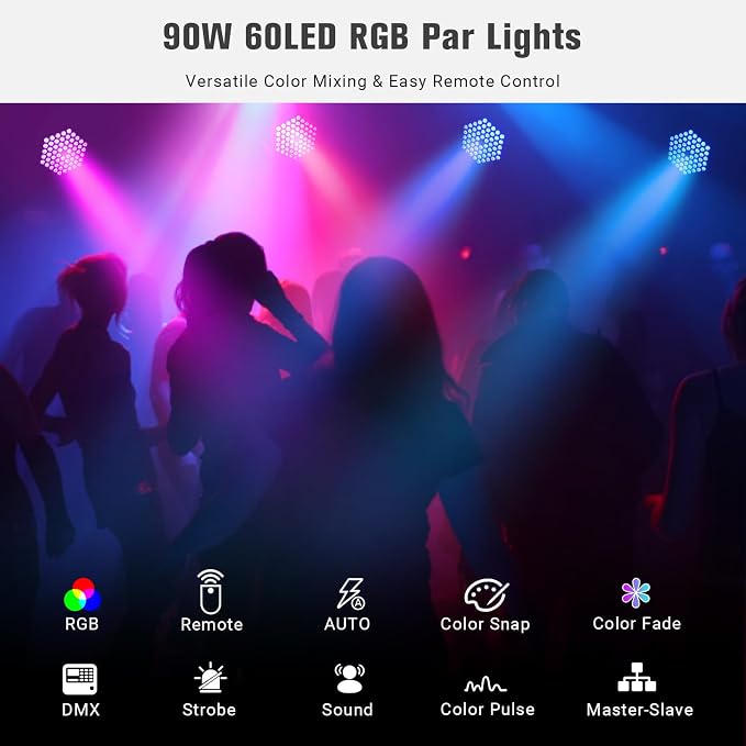 90W RGB LED Par Lights: 60 LEDs Dimmable Stage Lighting - Remote & DMX Control - Sound Activated Uplights for Events DJ Wedding Party Church Band Holiday Performance- 2Pack
