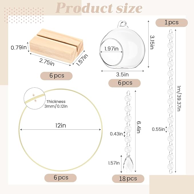 Leinuosen 6 Pack 12'' Metal Floral Hoop Centerpieces Set with Wooden Stand, Hanging Candle Holder, Acrylic Crystal Pendant Garland Crystal Garland String, for DIY Wedding Party Tabletop Decoration