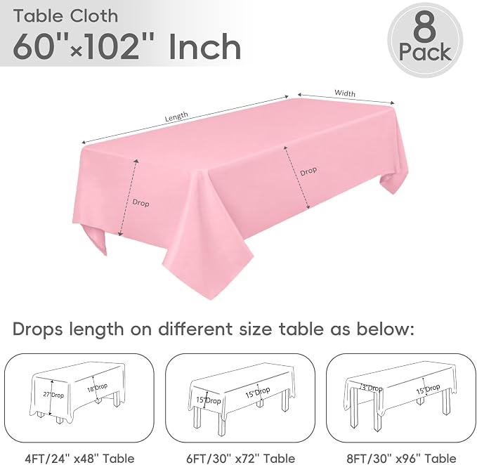8 Pack Pink Tablecloth 60 x 102 Inch Rectangular Table Cloth for 6 Foot Rectangle Tables,Wrinkle Resistant Washable Polyester Fabric for Summer Wedding Party Banquet Buffet