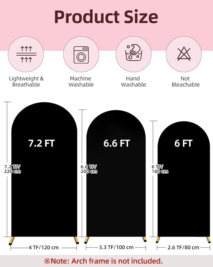 Hemmotop Black Arch Backdrop Cover, Set of 3 (7.2/6.6/6 ft) Wedding Arched Stand Cover, Spandex Arch Covers Stretchy Backdrop for Birthday Party, Baby Shower, Graduation, Decoration, 3 Pieces