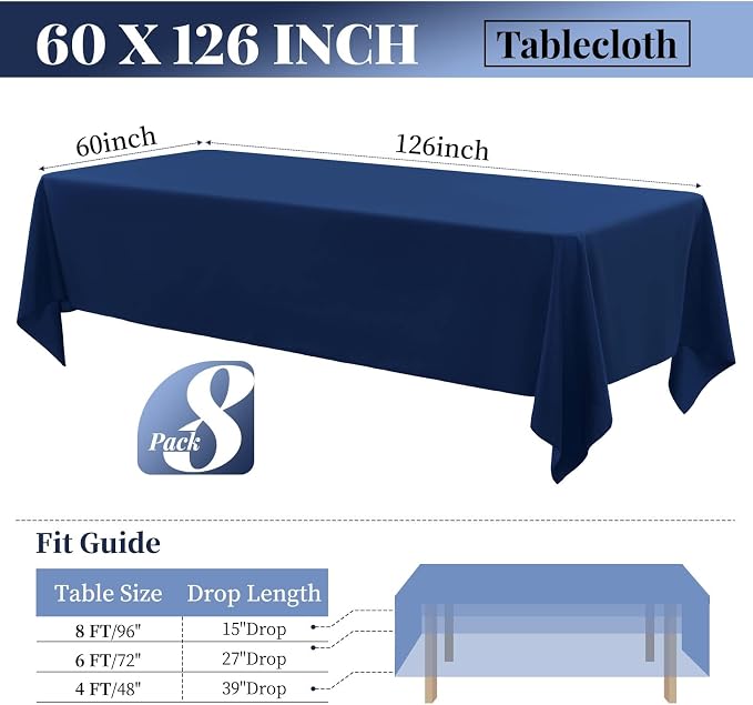 fani 8 Packs Navy Blue Rectangle Tablecloth - 60 x 126 Inch, Premium Polyester Table Cloth for 6 Foot Rectangle Tables, Washable Fabric Table Covers for Wedding, Party, Banquet, Dining