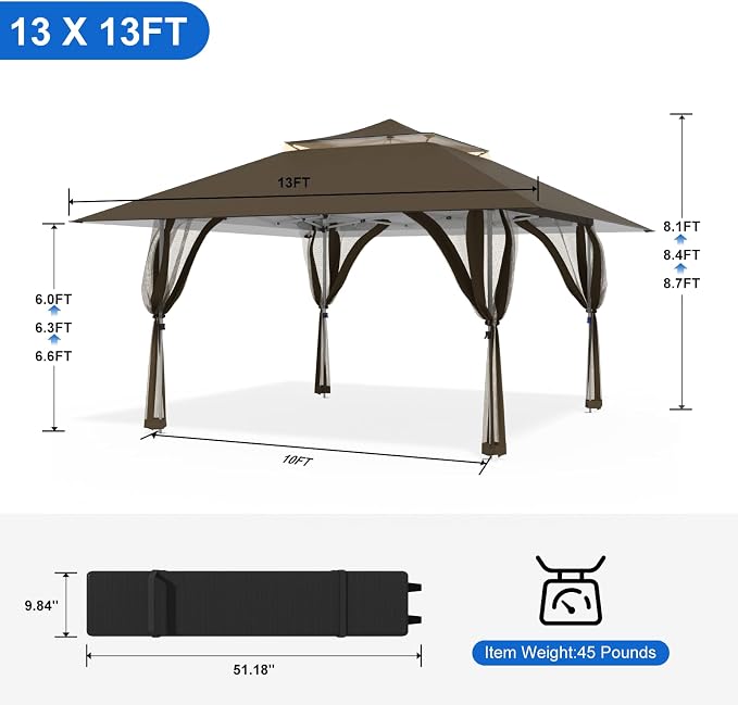 Pop Up Canopy Tent 13x13 FT with 4 Sidewall, Outdoor Easy Setup Gazebo with Wheeled Carry Bag, Heavy Duty Shelter with UV-Resistant Top, Portable Instant Shade for Garden Camping, Brown