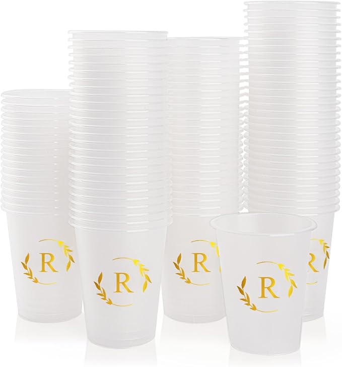 100 Monogrammed Cups Disposable Initial Plastic Cup 12 oz Wedding Personalized Cup for Wedding Reception Baby Shower Birthday Party(Letter R)