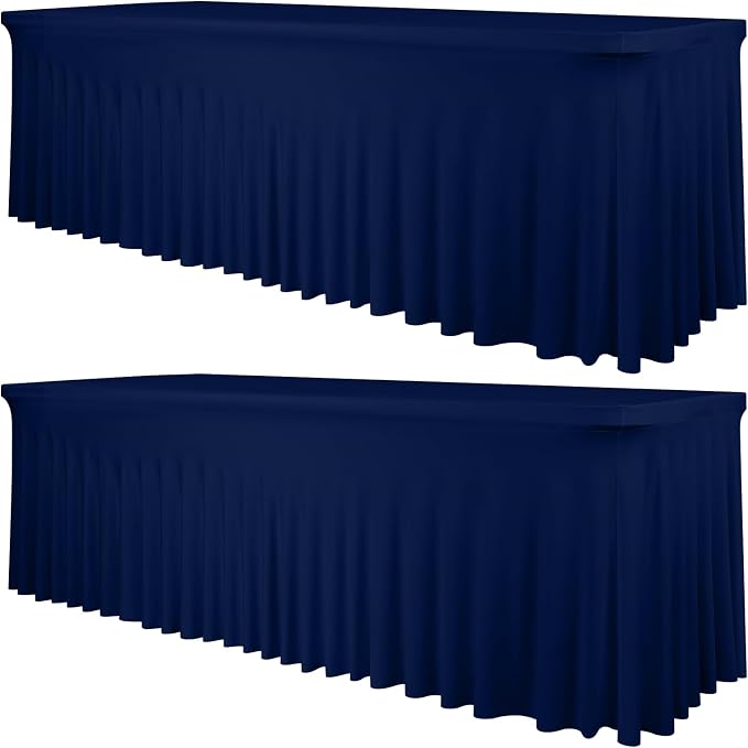 2 Packs Navy Blue Stretch Table Skirts for 8 Foot Rectangle Table, Washable Spandex Stretch Tablecloths with Skirt, Wrinkle Resistant Fitted Tablecover for Wedding Party Banquet