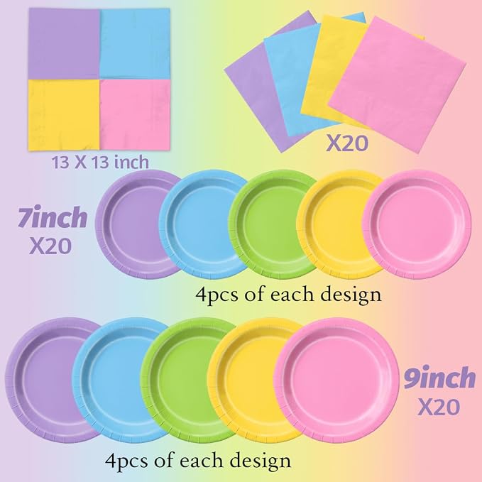 CMUSKO 60Pcs Rainbow Plates and Napkins - Cute Bear Party Decoration Colorful Pastel Tableware for Birthday,Baby Shower,Wedding