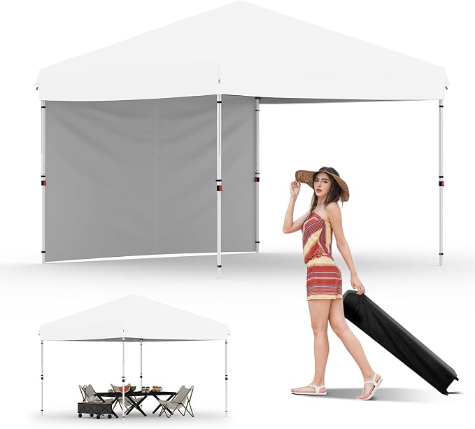 GarveeLife 10x10 Pop Up Canopy with One Sidewalls Easy Up Camping Tent with One Button Push Setup 1 Roller Bag 3 Adjustable Height 4 Weight Bags (White, 10x10 + 1 Sidewall)