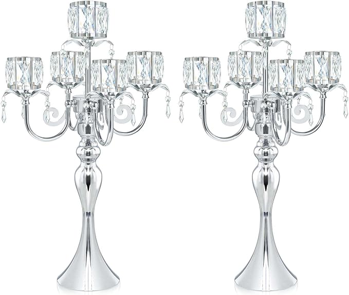 2Pcs Silver 5-Arm Crystal Pendant Metal Candle Holder with Square Crystal Bowl, 22-Inch Tall Wedding Table Centerpiece for Holiday Party Events, Christmas, Birthday Decorations