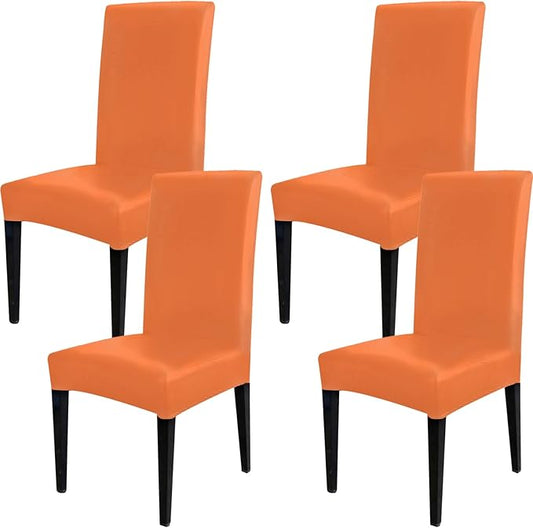 Qubjus Dining Chair Covers, Solid Pu Leather Waterproof Oilproof Stretch Dining Chair Protector Cover Slipcover (Orange, 4 Pack)
