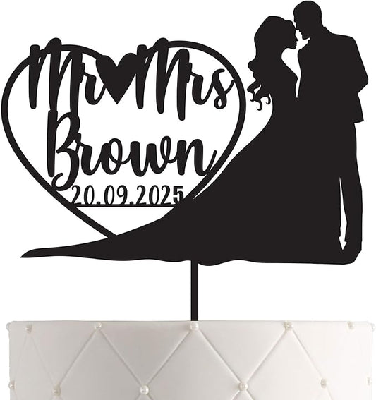 Personalized Mr. & Mrs. Wedding Cake Topper – Custom Bride & Groom Cake Decoration – Elegant Wedding Décor, Anniversary, Engagement Party (Design 5 (IP113), Black Acrylic)