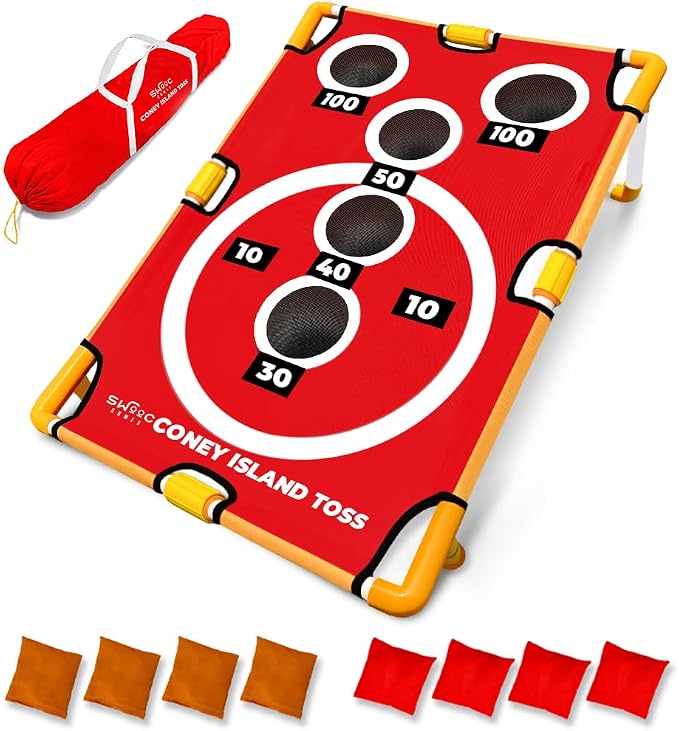 Swooc Games - Coney Island Toss™ - Arcade Style Cornhole Board Set w/Carrying Case & 15+ Games - Corn Hole Games for Adults - Kids Bean Bag Toss Game - Kids Cornhole Set w/Bags - Outdoor Yard Games