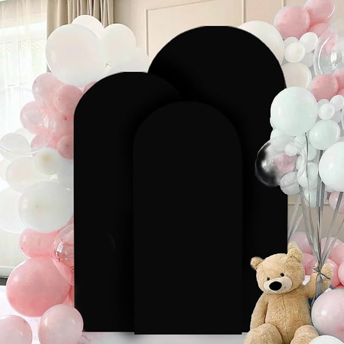 FANPROMS Spandex Arch Backdrop Cover Set of 3 Black Wedding Arch Stand Cover 5FT 6FT 7FT for Arched Frame Decor 2 Sided Arch Stand Covers Backdrop Fabric Round Top Arched Covers for Wedding Ceremony