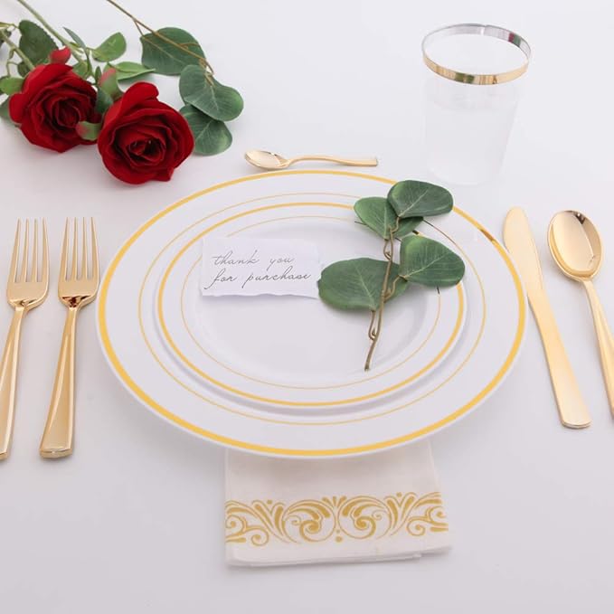 WDF 60PCS White Gold Plates Disposable - Gold Plastic Plates, Including 30-10.25inch Gold Dinner and 30-7.5inch Salad/Dessert for Baby Shower Wedding Spring