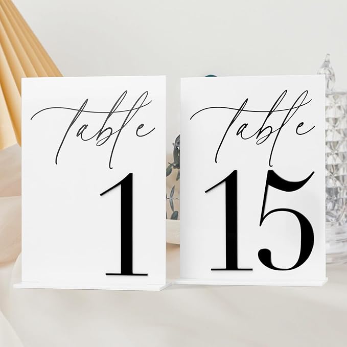 Acrylic Wedding Table Numbers 1-15 with Stands, 5"x7" White Acrylic Signs with 3D Black Numbers, White and Black 3D Table Numbers for Wedding Reception, Anniversary, Event