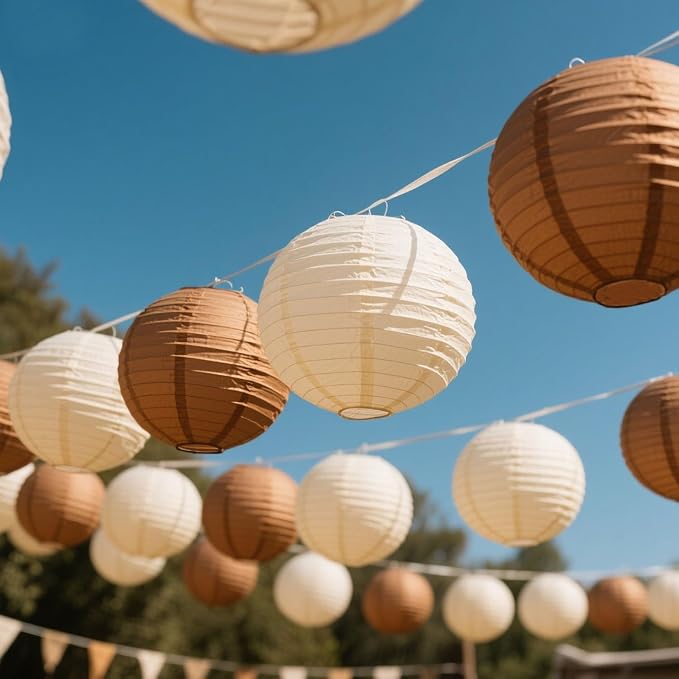 Boho Paper Lanterns, 12 Pcs Brown Nude White Chinese Lanterns Different Sizes for Baby Shower Garden Tea Party Bachelorette Birthday Wedding Party Decorations