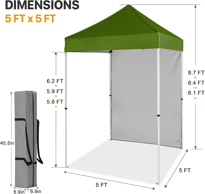 COOS BAY 5x5 Pop Up Canopy Tent with Side Wall, Easy Setup Portable Sun Shelter with Carry Bag, Outdoor Shade for Beach, Camping, Sports & Backyard, Grass Green