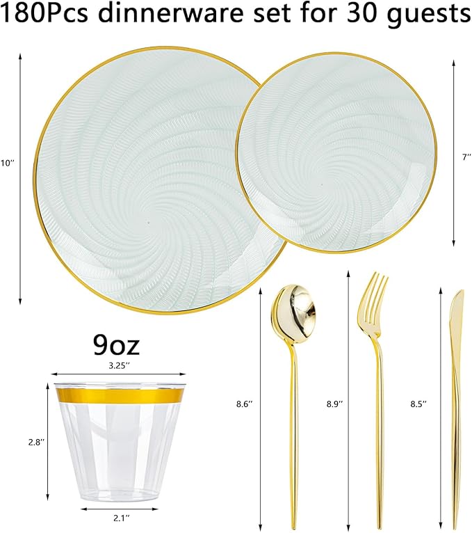 N9R 180 PCS Disposable Dinnerware Set with Gold Rim for 30 Guests,Green Plastic Plates Include 30 Dinner Plate, 30 Dessert Plates, 30 Cups, 90 Heavy Duty Gold Plastic Silverware for Party & Wedding