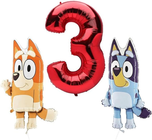 Toyland® Bluey & Bingo Balloon Birthday Pack - 2 x 32" Character Balloons & 1 x 40" Number Balloon - Kids Party Decorations