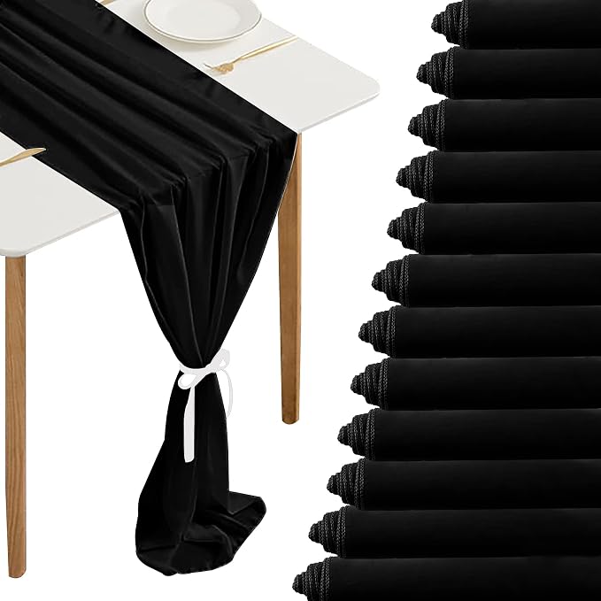 Fivenl 12 Packs Black Halloween Table Runner 10Ft Chiffon Table Runner 27x120 Inches Boho Rustic Sheer Table Runner for Halloween Birthday Party Wedding Bridal Baby Shower Table Decoration