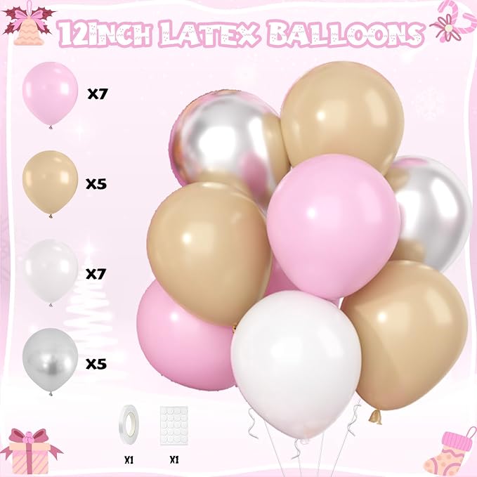 Pink White Christmas Decorations,Merry Christmas Decor Banner Paper Pompoms Fringe Curtain Backdrop Xmas Foil Balloons Latex Balloon for Indoor Outdoor Decorations