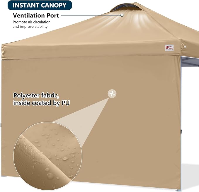 MASTERCANOPY 10x10 Pop Up Canopy Tent with 1 Sidewall, 1 Person Setup Instant Shelter, Outdoor Portable Beach Canopy, 1 Roller Bag, 4 Sandbags, 4 Ropes, 8 Stakes (10x10, Sand)