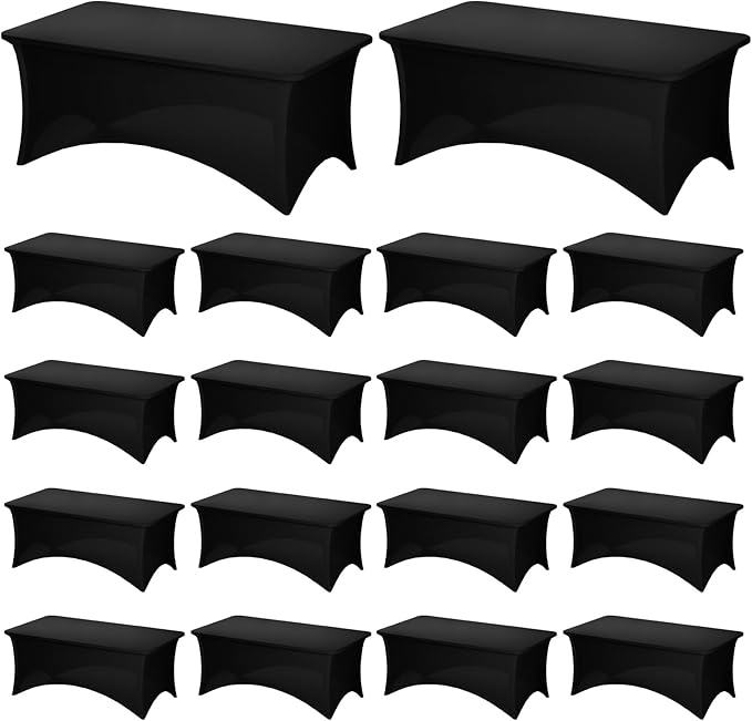Fixwal 18 Pack 6Ft Black Table Cover, Spandex Fitted Bulk Tablecloths Rectangle, Wrinkle-Free and Stretch Folding Table Cloth for Banquet, Wedding, Party, Trade Show
