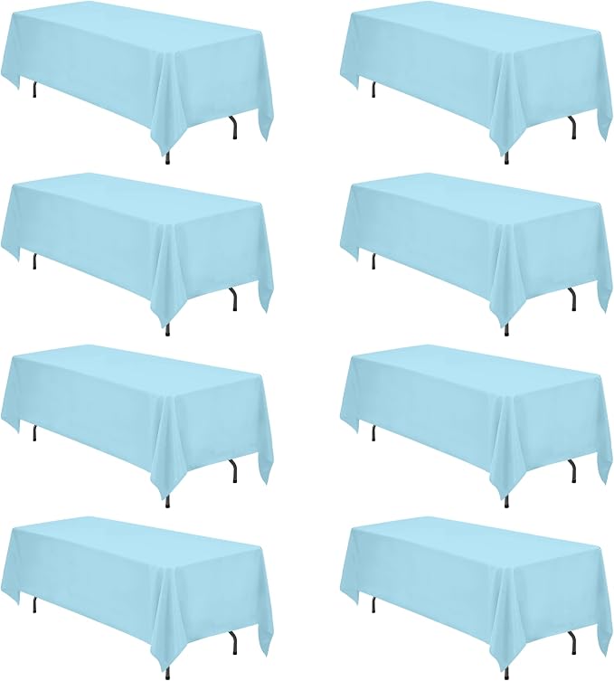 BRILLMAX 8 Pack Light Blue Tablecloths 70 x 120 Inch for 6ft & 8ft Rectangle Tables - 150 GSM Polyester Fabric, Universal Fit, Water, Stain & Wrinkle Resistant Cloth Cover for Wedding Banquet