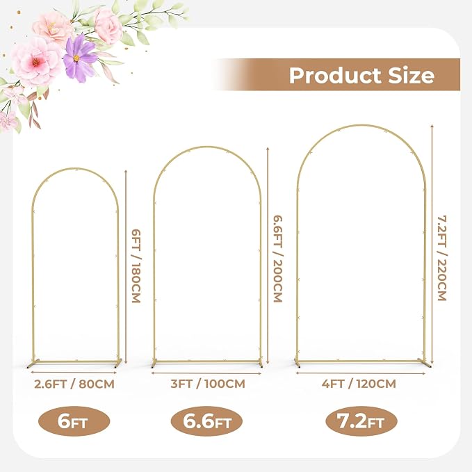 Babenest Gold Arch Backdrop Stand Set of 3, Metal Arch Wedding Stand, Balloon Arch Frame for Ceremony Birthday Party Bridal Baby Shower Banquet Halloween Decoration（ 6FT,6.6FT,7.2FT
