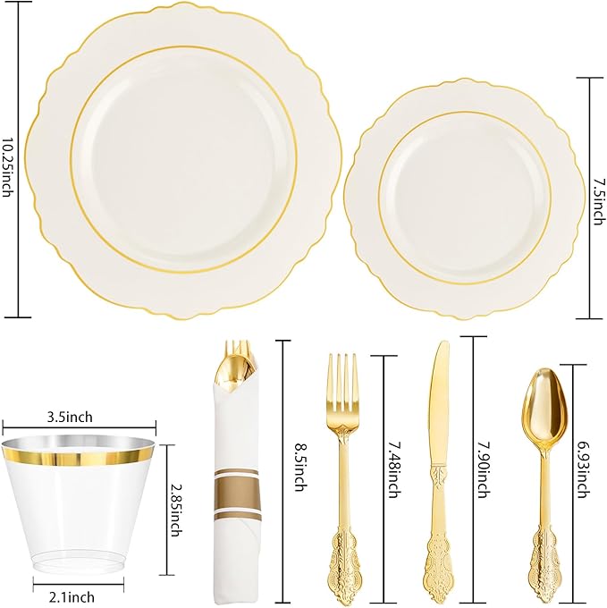 Liacere 350PCS Ivory Plastic Plates-Cream Disposable Plates With Gold Rim-50Guest Baroque Plastic Dinnerware include 100 Plates - 50 Pack Pre Rolled Napkins Silverware 50Cups for Wedding＆Party