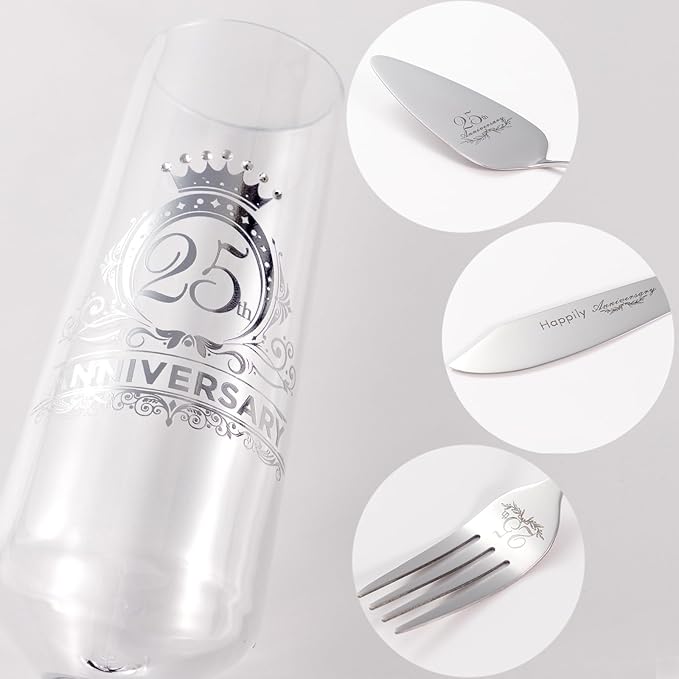25th Anniversary Champagen Flutes Wedding Gifts for Couple, 25th Birthday Anniversary Decorations, Silver Cake Cutting Set for Wedding 25th Anniversary Presents