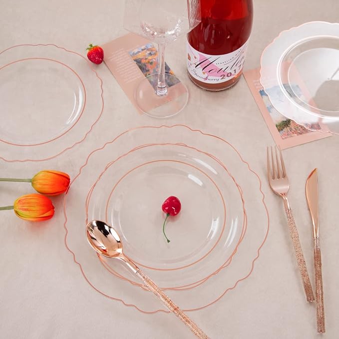 Liacere 150PCS Rose Gold Plastic Plates - Clear Rose Gold Disposable Plates with Glitter Bamboo Handle Cutlery - 60 Baroque Elegant Plates, 30 Forks, 30 Spoons, 30 Knives for Wedding ＆ Mothers Day