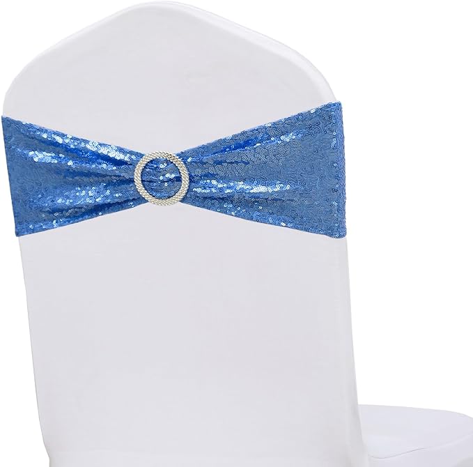 Sequins Baby Blue Chair Sashes 100 Pack Blue Chair Bands with Buckles Bows Ties for Party Wedding Birthday Ceremony Baby Shower Banquets Event Christmas Decorations
