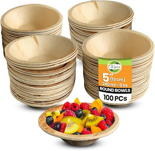 Raj Disposable Palm Leaf Bowls (100 Count, 5" Bowls) Strong Bowl Like Bamboo Party Bowl - Decorative Compostable Tableware for Lunch, Dinner, Birthday, Outdoor, BBQ, Picnic, Parties
