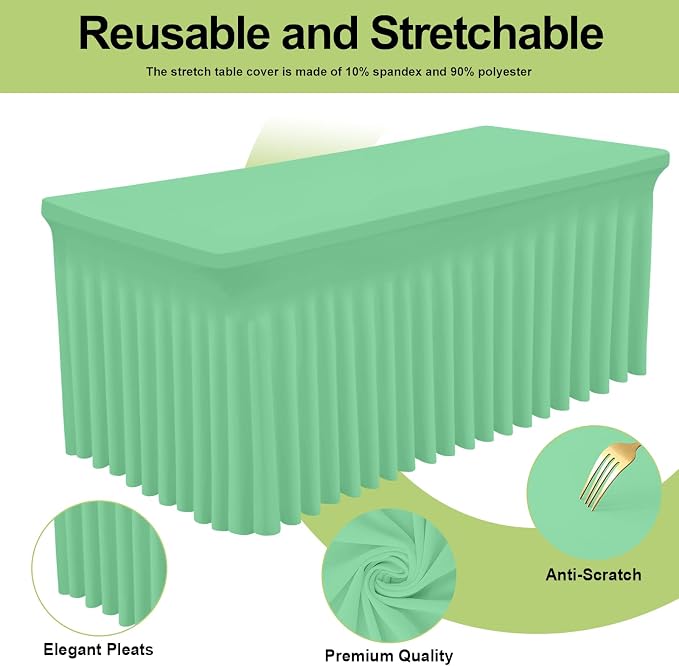 Smiry Spandex Tablecloth 2 Pack, Elastic Fitted Stretch Tablecloth for 8FT Rectangle Tables, Waterproof Washable Table Cover Skirt for Wedding, Banquet & Parties (Bright Green, 96Lx30Wx30H Inch)