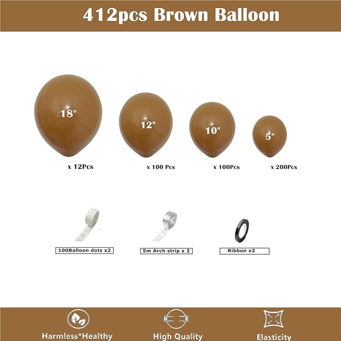 412pcs Brown Balloon Garland Arch Kit 18 12 10 5 Inch Different Sizes Matte Rretro Latex light brown Balloons for Baby Shower Birthday Wedding Graduation Anniversary Party Decoration