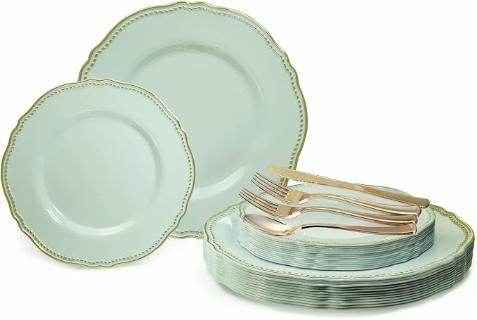 " OCCASIONS " 150pcs set (25 Guests)-Wedding Plastic Plates & cutlery -Disposable heavyweight Dinnerware 10.25'', 7.5'' + Silverware w/double fork (Rochelle Seafoam/Mint and Gold))