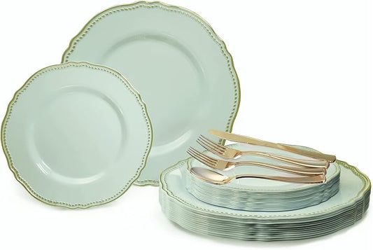 " OCCASIONS " 150pcs set (25 Guests)-Wedding Plastic Plates & cutlery -Disposable heavyweight Dinnerware 10.25'', 7.5'' + Silverware w/double fork (Rochelle Seafoam/Mint and Gold))