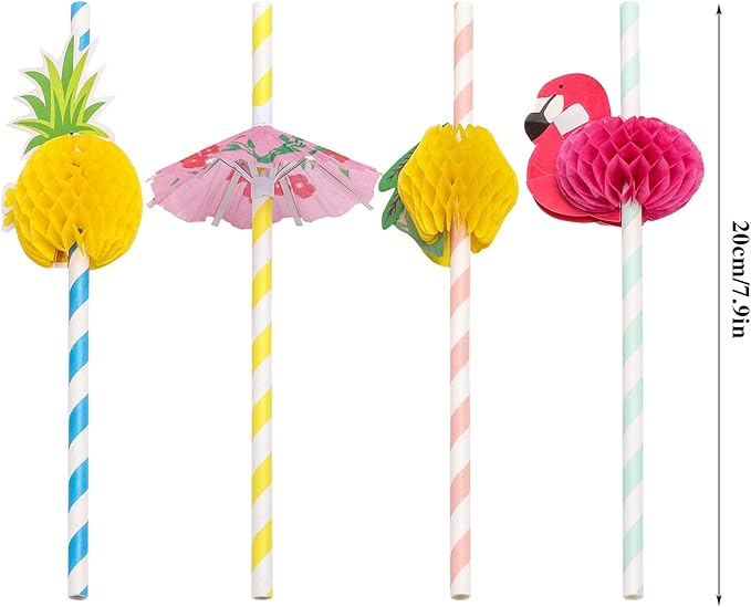 100PCS Flamingo Fruit Paper Straws,Disposable Plastic Drinking Straws,Tropical Hawaiian Beach Summer Pool Party Cocktail Decorations - Assorted Colors