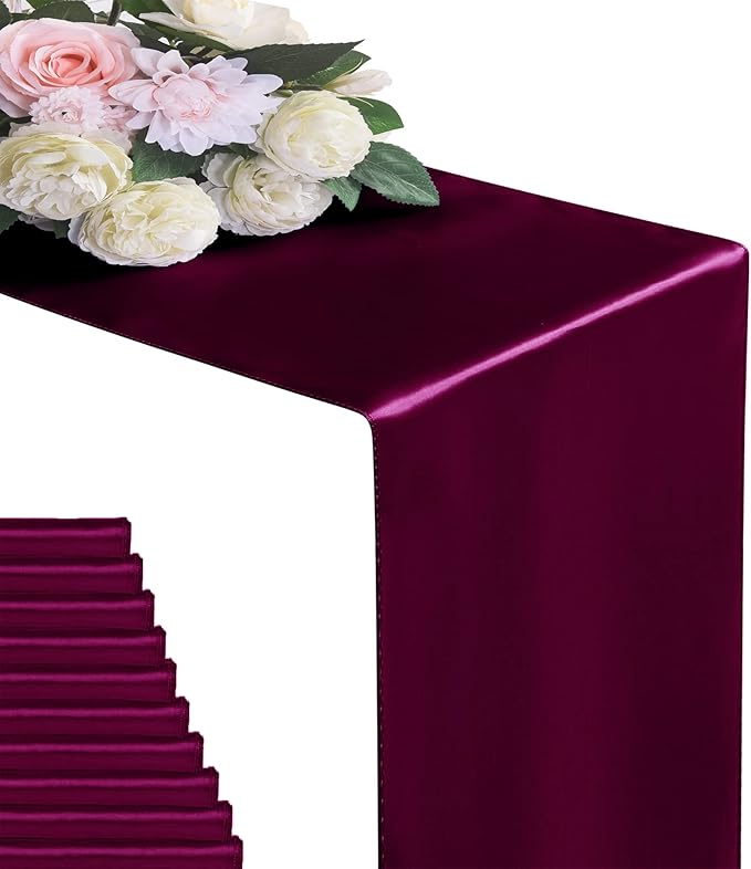 24Pack Table Runner 12 x 108 Inches Satin Silk Table Runner for Wedding, Birthday Party, Banquets, Graduations Decoration, fit Rectange and Round Table-Burgundy