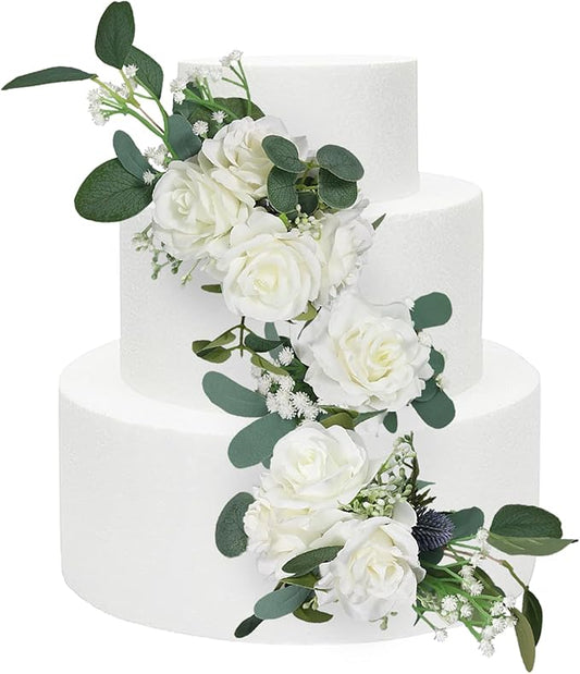 Rinlong 3Pcs Pre-made Cake Flowers White Green Cake Decorations Wedding Cake Decorating Flowers Decor Birthday Baptism Party Artificial Flowers Cake Toppers