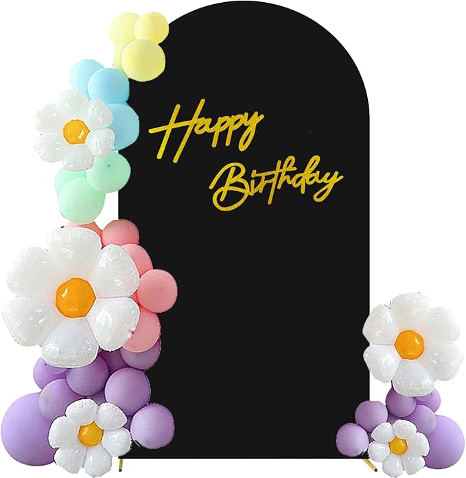 HAINARverS 7.2FT Black Arch Backdrop Cover Spandex with Glitter Gold Happy Birthday Sign for Wedding Birthday Party Ceremony Banquet Decoration(Black)