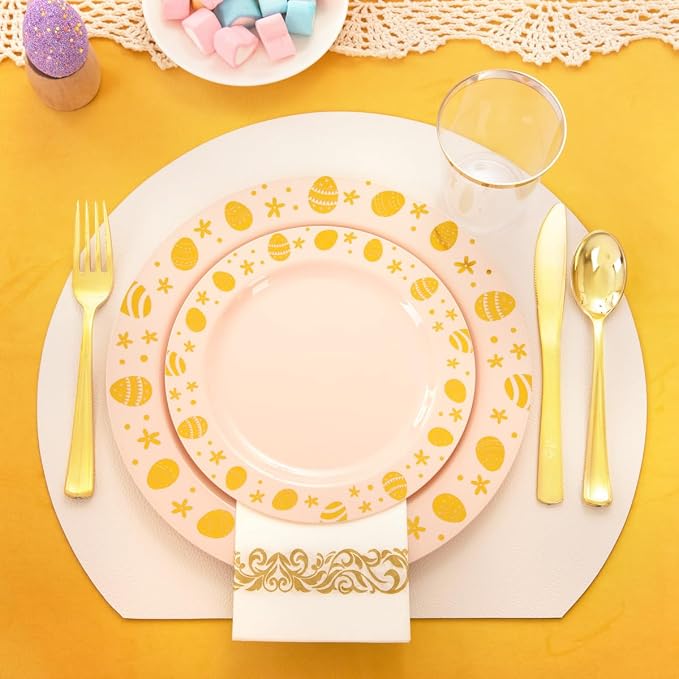 U-QE 25 Guests Plastic Easter Plates and Napkins - Pink and Gold Easter Party Supplies Include 25 Guests Dinner and Dessert Plates, 25Forks, 25Knives, 25Spoons, 25Cups, 25Napkins-Features of Gold Egg