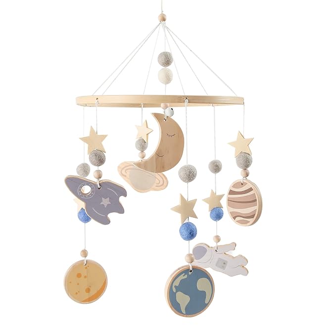Space Nursery Mobile - Crib Mobile for Babies - Wooden Baby Mobile -Solar System Crib Mobile Astronaut Theme Nursery Bed Decoration,Gift for Newborn (Blue Space)