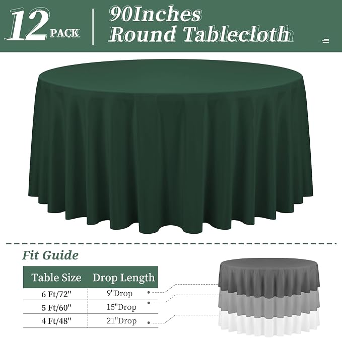 12 Pack Round Tablecloth 90 Inch - Hunter Green Polyester TableCloth for Round Table, Premium Hunter Green Tableclothes Washable Fabric Table Cover for Wedding Party Banquet Restaurant Reception